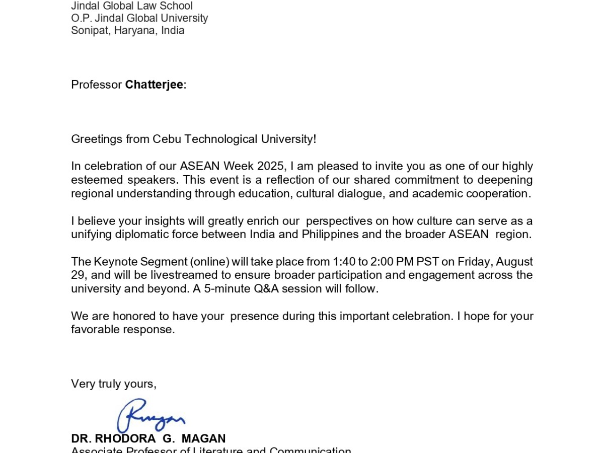 Prof. (Dr.) Arup K. Chatterjee Invited as Keynote Speaker for ASEAN Week 2025 — Cebu Technological University